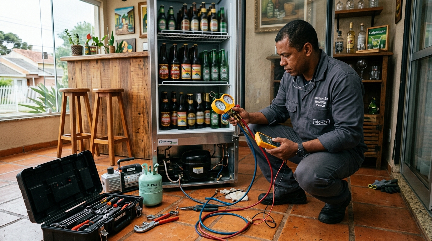 Técnico revisando o motor de uma cervejeira durante chamado em Betim‑MG
