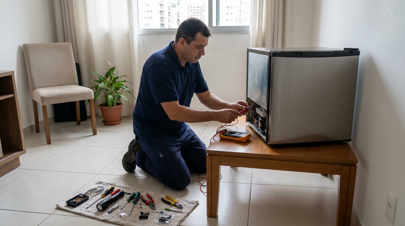 Técnico revisando o motor de um frigobar em Betim‑MG