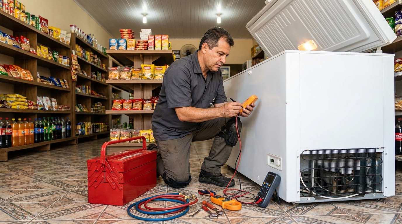 Manômetro conectado ao circuito durante recarga de gás de freezer em Betim‑MG