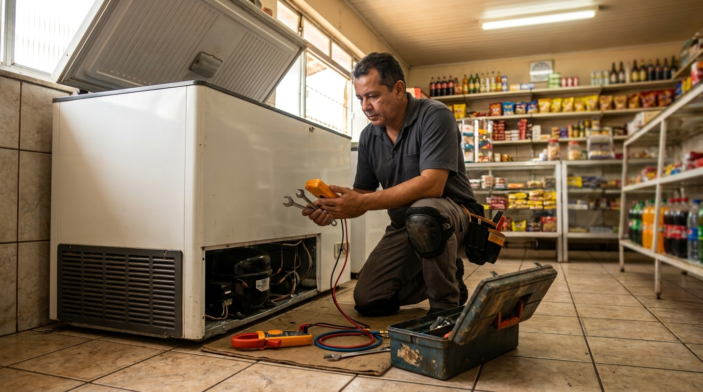 Técnico avaliando um freezer vertical durante atendimento em Betim‑MG